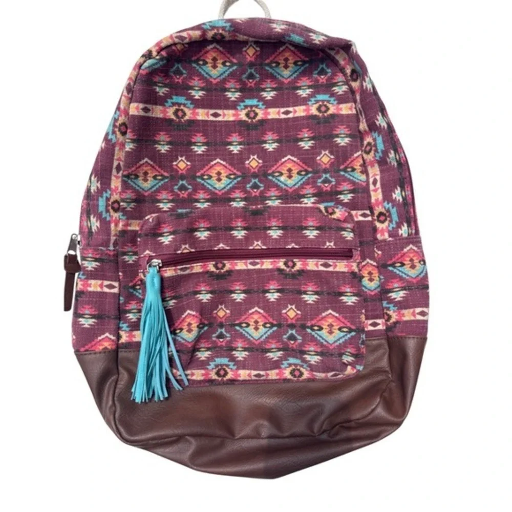 Southwestern Canvas Backpack Burgundy Brown Boho Multiple Pockets‎ Medium